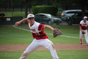 New Canaan's Mike Pelli got two huge outs during the Rams' 10-9 win over St. Joe's, May 20, 2015. Credit: Terry Dinan