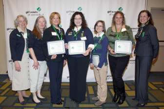 From left to right: Caroline Sloat, President of the Board of Directors at GSOFCT, Morgan Tensen- New Canaan Service Unit, Carol Ploch-Maiolo- Ridgefield Service Unit, Catherine Fedorchek-Newtown Service Unit, Barbara Koteen- Norwalk Service Unit, Kerilynn Lewis-Nipmuc Service Unit, and Mary Barneby, CEO of GSOFCT.
