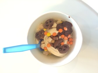Salted Caramel frozen yogurt with chocolate pretzels, cookie dough bites, and Reese's pieces for toppings. Photo by Mackenzie Lewis