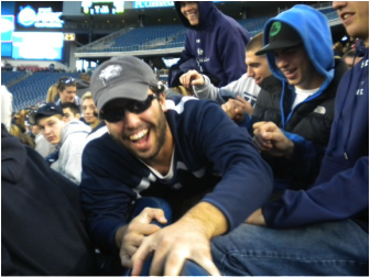 And here’s C.J. earlier in our college careers, at Gillette Stadium for a UNH football game, always helping out with giving us a good laugh as he sprawls across all to get out of the aisle. 