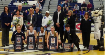 Senior Night for the UNH Women’s Basketball team in February, 2013, with me (front row, far right) included among the honorees after three seasons of being the program’s student-manager.