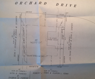 A site plan for the proposed re-location of an above-ground oil tank from inside the garage to the eastern side of the house at 100 Orchard Drive. 