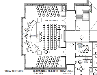Floor plan for the new Town Hall Meeting Room. The new curved table can be seen at left. Specs by KSQ Architects