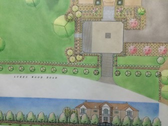 The original plan for a stone wall out front of 309 Lukes Wood Road looked like this, and it was discovered that a portion of it encroached on property owned by Aquarion. 