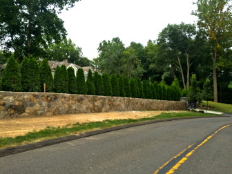 Approaching the driveway of 309 Lukes Wood Road in New Canaan. A deer fence that had been installed by the stone wall here has since been removed. Credit: Michael Dinan