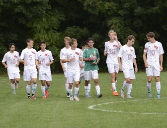 The boys soccer team prior to the start of their game Tuesday afternoon vs. Trumbull. Credit: Christine Betack 