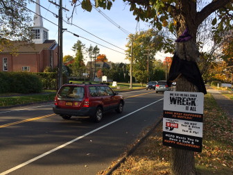 Out front of the New Canaan Police Department is Matilda, the witch who crashes her broom into a tree by texting and flying—a reminder for would-be distracted drivers. Credit: Michael Dinan