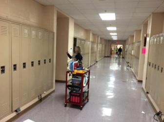 A grades 5-6 Gifted & Talented Challenge Program “On a Cart” arriving at shared classroom space at Saxe Middle School. Credit: Greg Macedo 