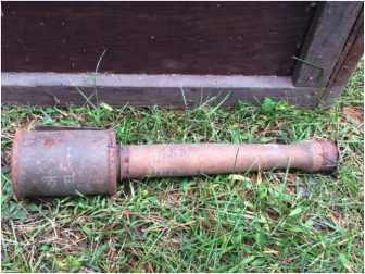This live German World War I-era grenade was found in September 2015 in the garage of a Whitney Avenue home. Photo courtesy of the New Canaan Police Department