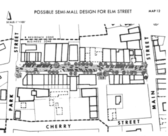 1973 Elm Street redirection proposal. Source: Business District Redevelopment Plan, Final Report - March 1973