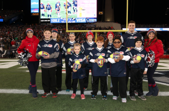 The 2015 Punt, Pass and Kick winners were presented with their awards by Patriots cheerleaders at the end of the third quarter of Sunday’s game against the Eagles at Gillette Stadium. From left to right in the first row: Jaden Keefner, Kayleigh Engle, Adrian Delicata, Genevieve Jean-Paul and Owen Sevigny. From left to right in the second row: Kadence Presby, Rylee Sevigny, Declan McNamarra, Claudia Caron and Bobby Cliché. 