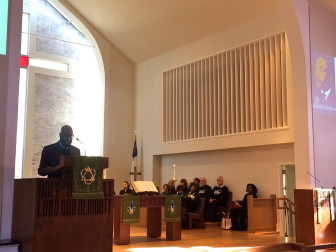 Jason Michael Land addresses those gathered Jan. 18, 2016 at United Methodist Church in New Canaan for the Rev. Dr. Martin Luther King Jr. remembrance service. Credit: Michael Dinan