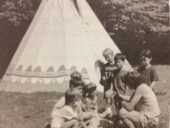 In 1975, campers and counselors in front of the teepee. Camp Playland