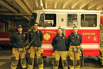 New Canaan firefighters Ben Stout, Peter Ayoub, Dave Billotti and Svienn Bragason. Together with Will Garbus, the four volunteers passed their CT firefighter I certification. James Caldero photo