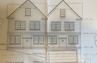 Front elevation of proposed new two-family home at 50-52 Oak St.