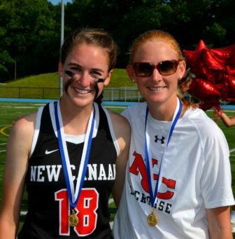 Sami with New Canaan Girls Lacrosse Head Coach Kristin Woods after winning the 2015 Class M state championship. Credit: Terri Stewart