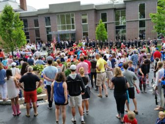 Some of the crowd gathered outside Town Hall for the ceremony after the Memorial Day Parade, May 30, 2016. Credit: Faith Kerchoff