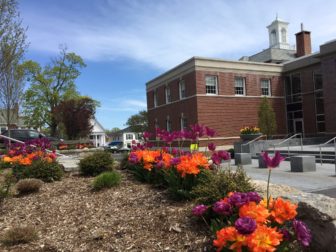 Looking toward Main Street from the northern side of Town Hall on April 28, 2016. Plantings from the New Canaan Beautification League. Credit: Michael Dinan