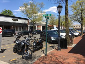 A motorcycle parked May 9 in the yellow-striped area in front of Pimlico at Elm and South. Credit: Michael Dinan