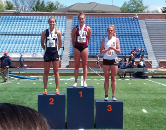 2012 NCHS graduate Stephanie Benko (center), took the Patriot League Championship title in the women’s 3,000 meter steeplechase with a time of 10:50 for Lafayette College. Contributed