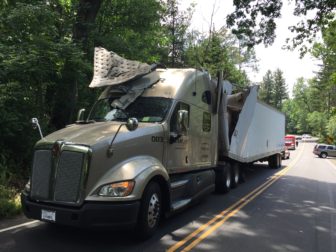 This tractor-trailer struck the railroad overpass on Route 106 in New Canaan. Photo published with permission from its owner