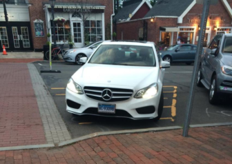 A botched parking job at the "50-yard line" of Elm Street in New Canaan. MW photo