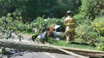 The aftermath of a motor vehicle collision with a telephone pole on Silvermine Road on Friday, Sept. 2, 2016. Photo published with permission from its owner